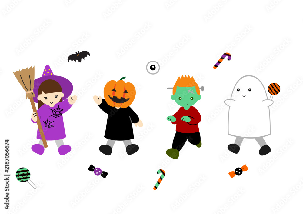 Naklejka premium ハロウィンの仮装をして楽しむかわいい子供たちのイラスト素材
