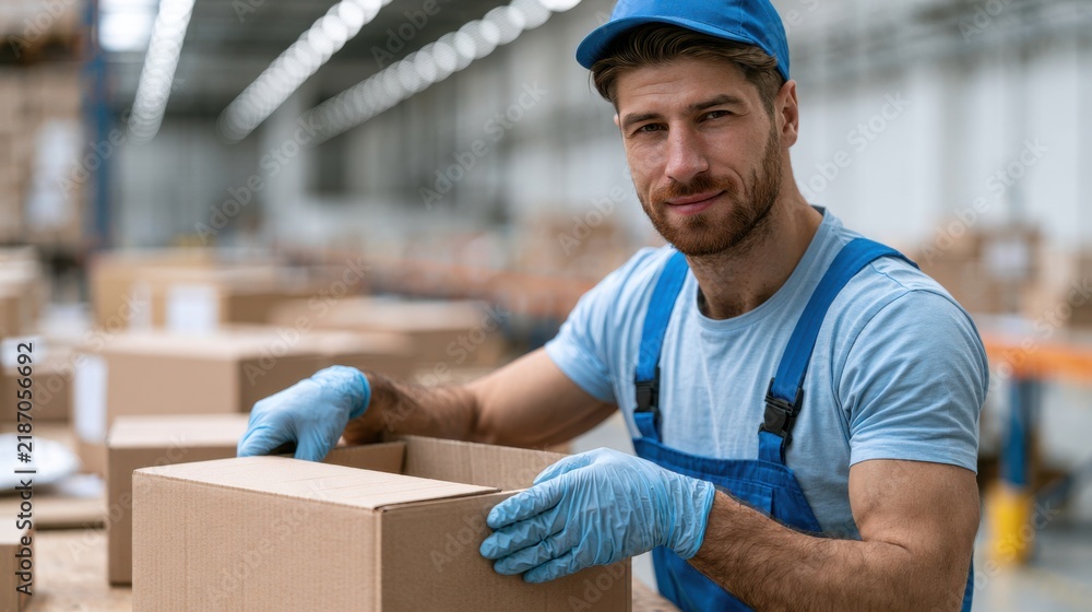 Fototapeta premium Male warehouse worker in blue overalls and gloves prepares cardboard boxes for shipping inside a large inventory warehouse with shelves in the background