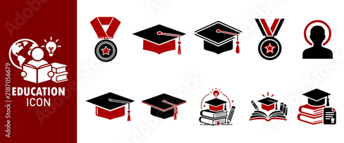 Education and Graduation Icon Set with Diploma, Academic Achievement and Student Symbols.