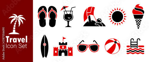 Travel icon set. Summer vacations and holiday symbol vector illustration. Collection of traveling and tourism elements.