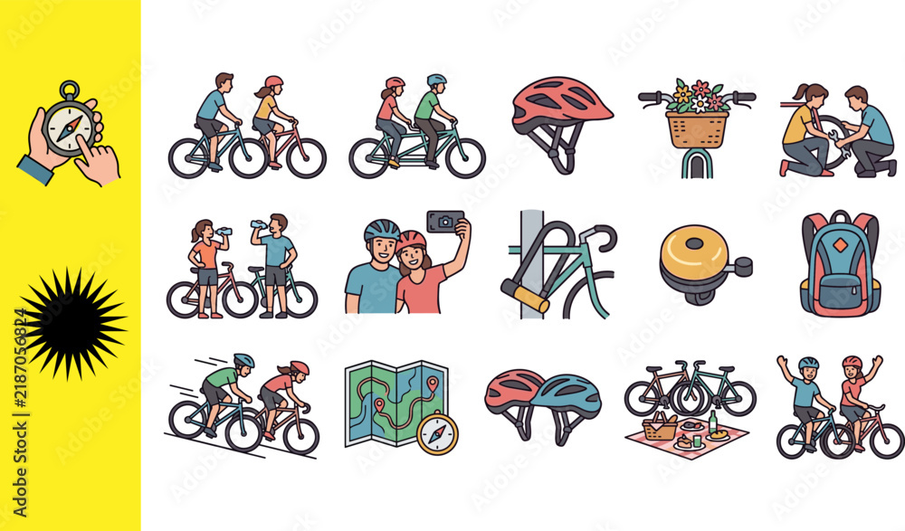 Fototapeta premium Collection of fifteen cycling couple icons featuring tandem helmet basket repair race selfie lock bell backpack map helmets picnic celebration