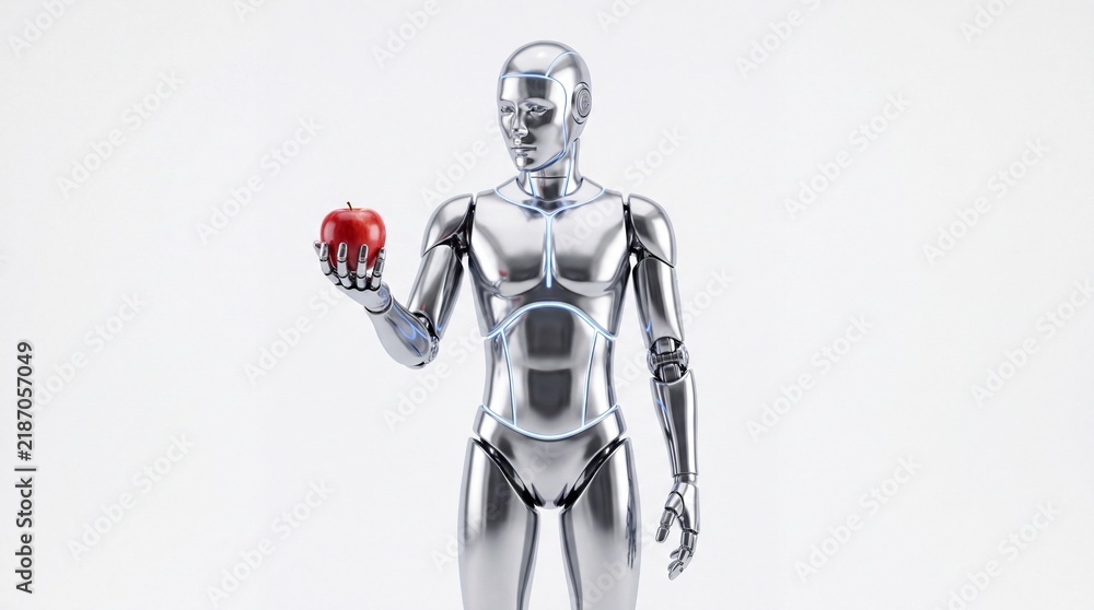 Fototapeta premium A metallic humanoid robot holding a red apple in its hand against a white studio background with figure stands