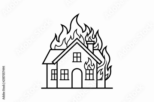 Burning House on Fire. Residential Fire Emergency and Disaster Concept. Fire Safety and Rescue Graphic. Clean Minimal Line Art Illustration