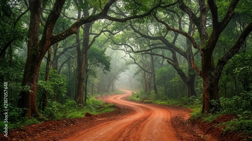 Adventure activities in Asia on an unpaved trail through a lush forest
