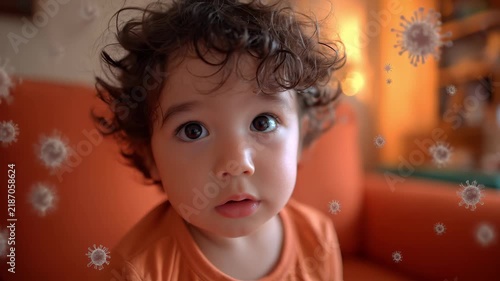 Vulnerable toddler sits indoors, surrounded by floating virus particles, visual metaphor for health risks and importance of protection. Toddler emphasizes medical awareness, immunity, and home safety