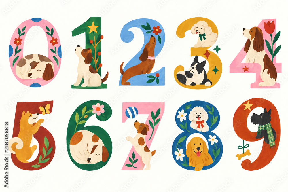Naklejka premium Cute Dog Numbers 0 to 9 Colorful Decorative Illustration Set