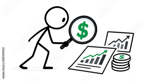 Simple stick figure illustration depicts with dollar search magnifier representing financial research