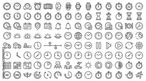 Canvastavla 90 Clock and Time Management Line Icons Featuring Watches, Timers, Calendars, Sc