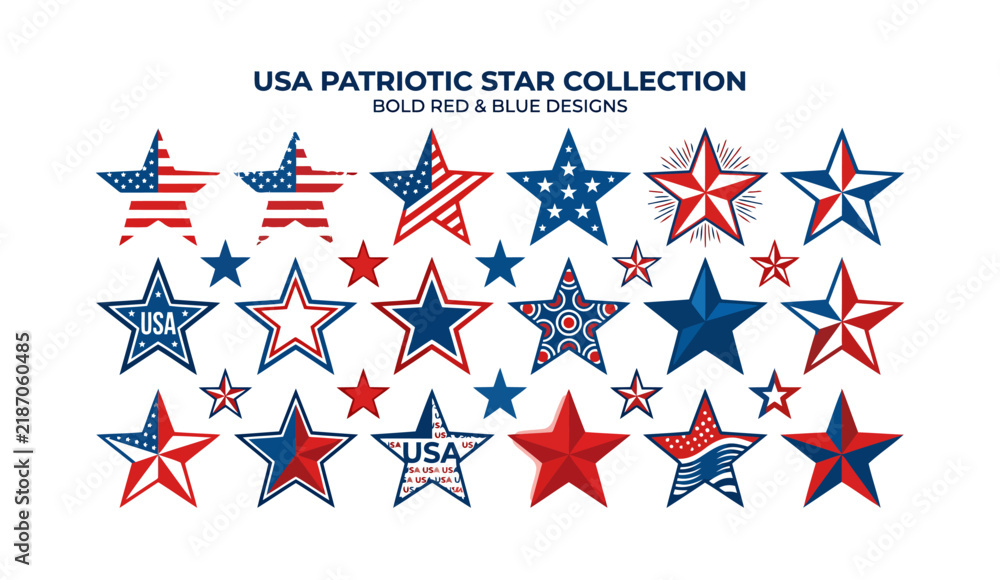 Obraz premium USA patriotic star collection with bold red and blue textured graphic design elements set.