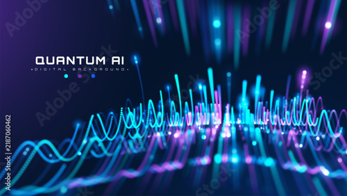 Modern Quantum Ai Computing Technology With Abstract Dark Blue Space Background And Fast Speed Digital Data Network Flow Wave Glow Light Dot Particle Virtual For Tech Screen. Vector Illustration.