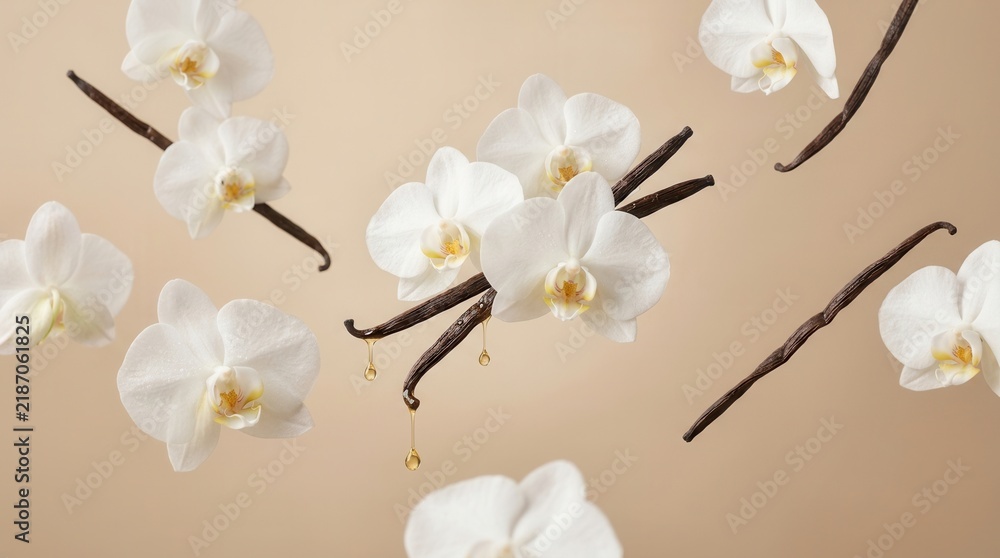 Obraz premium Flying orchid flowers and vanilla sticks against a beige background