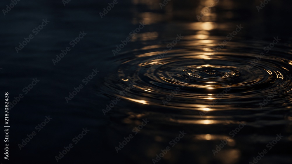 Fototapeta premium A single water drop creates ripples on a dark, reflective surface. Golden light streaks across the water, catching the movement.