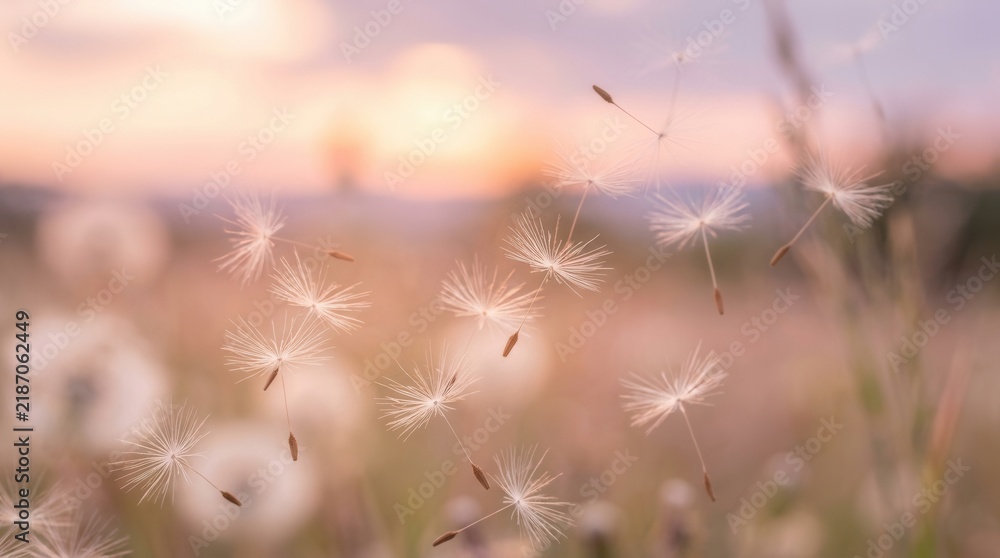 Obraz premium Soft pastel colors illuminate dandelion seeds drifting in the breeze during a close-up sunset.