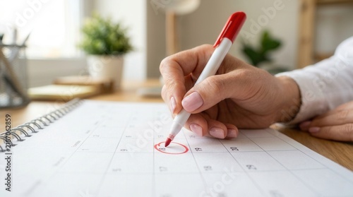 A red pen marking a date on a calendar in a close-up shot, symbolizing organization and planning.