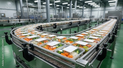 Modern food processing factory featuring prepackaged meals on an automated conveyor belt for mass production and distribution