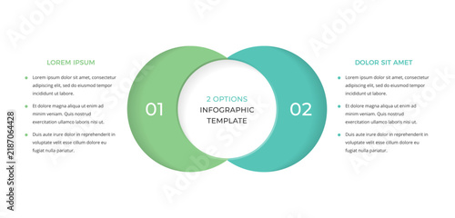 Two option infographic template featuring overlapping circles arranged horizontally. 2 options comparison chart, venn diagram for business data. Vector illustration