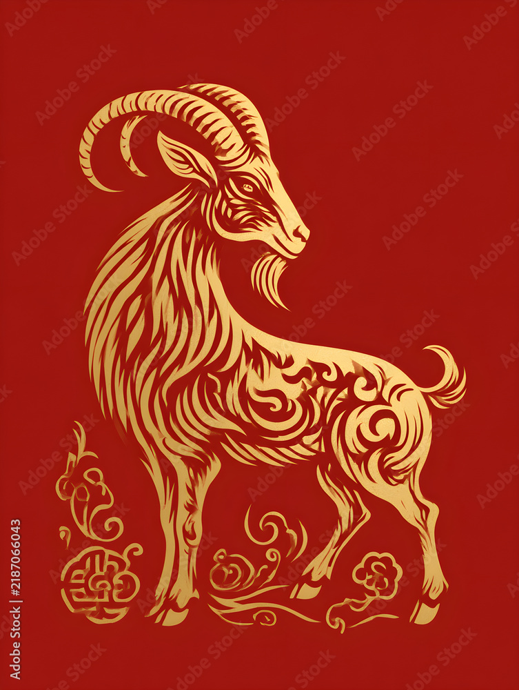 Fototapeta premium 2027 Fire Goat Chinese Zodiac Symbol on Red Background
