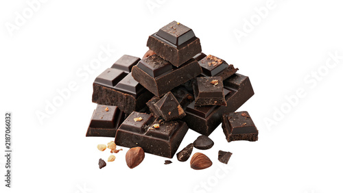 Konstfotografi A pile of delicious dark chocolate chunks cubes cooking snack isolated on transp