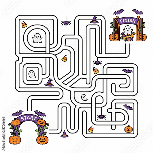Help find the path from the pumpkin start arch to the candy ghost finish line in this fun Halloween maze puzzle game for kids.