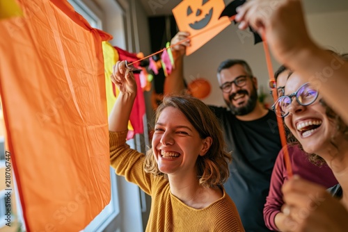 Group of friends hanging Halloween decorations by window indoors