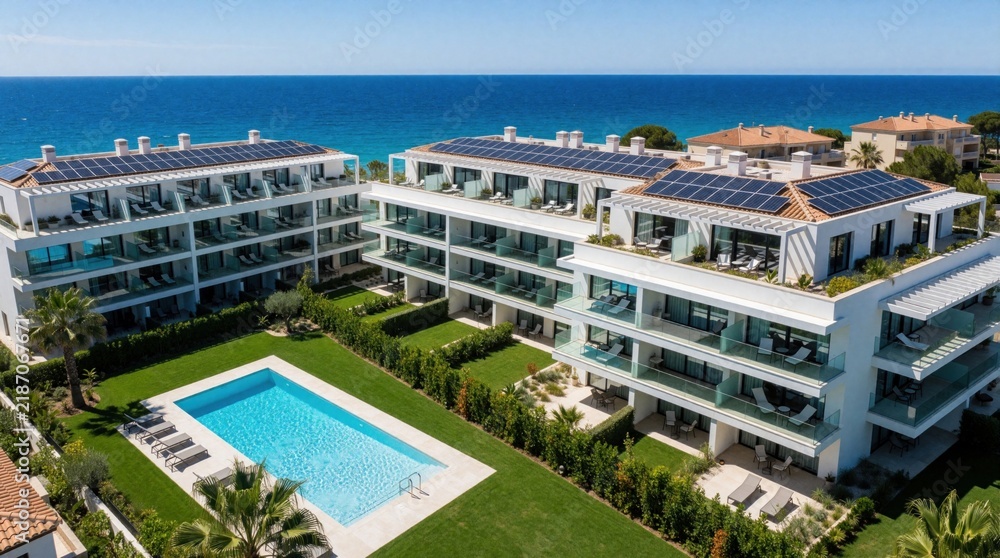 Fototapeta premium Aerial view of modern luxury apartment complex near blue ocean. Residential building features solar panels on rooftop, private balconies, swimming pool. Green garden with palm trees surrounds hotel