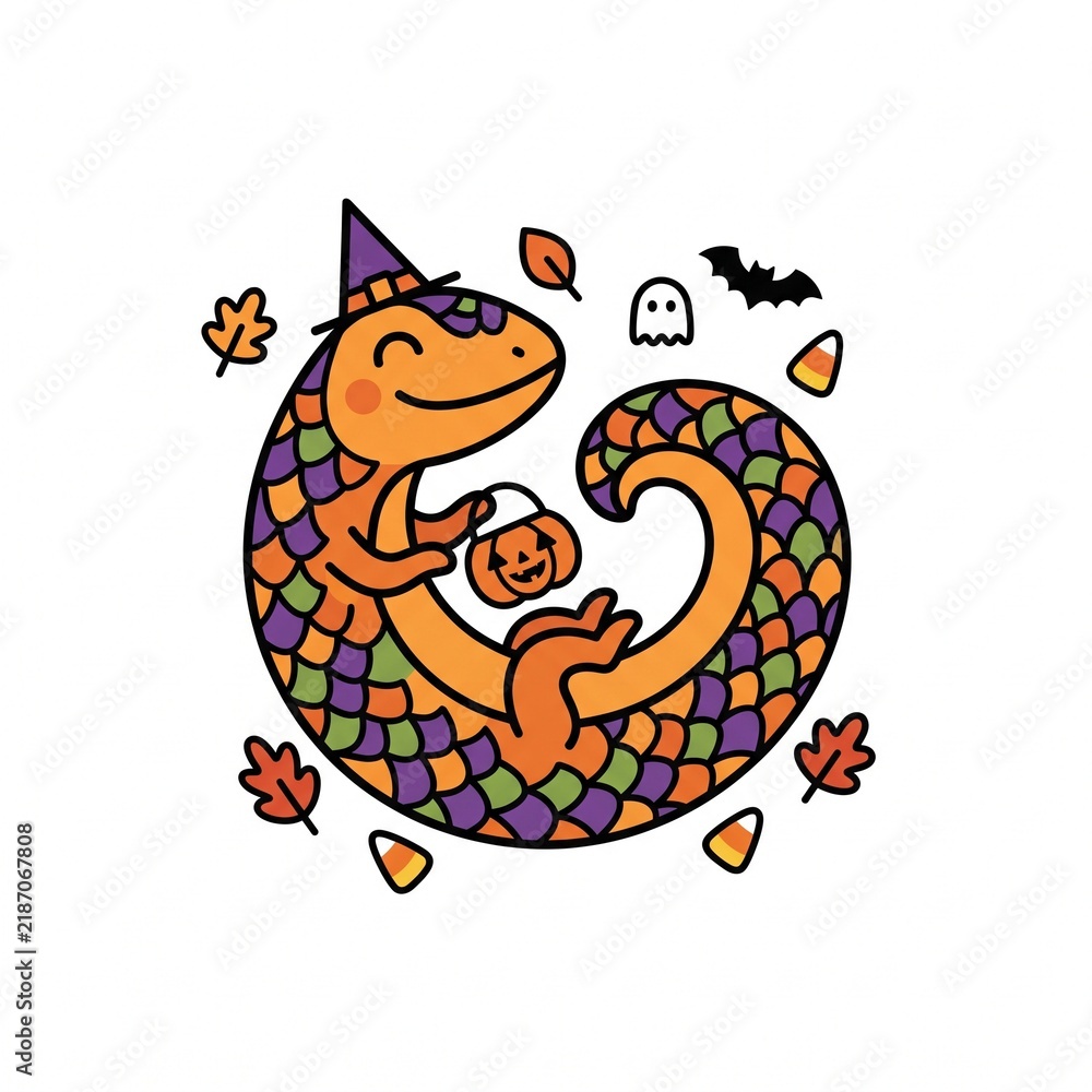 Obraz premium A cute pangolin wearing a witch hat holds a pumpkin bucket surrounded by ghost, bat, autumn leaves, and candy corn elements.