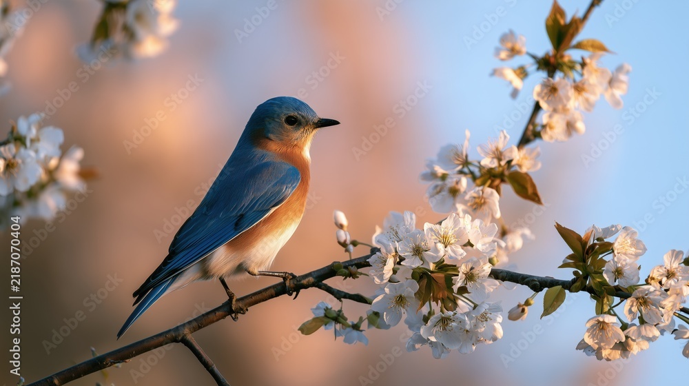 Fototapeta premium National Bluebird of Happiness Day: banner photograph of a bluebird perched on a blossoming branch against a soft blurred pastel sky, generous clean negative space on the right side