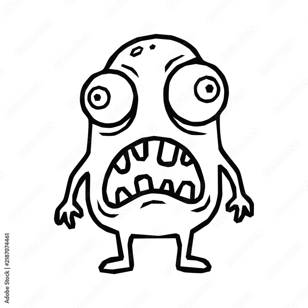 Fototapeta premium A funny hand drawn sketchy alien character featuring huge bulging eyes and a terrified facial expression expressing panic while standing upright in a humorous cartoon style scene