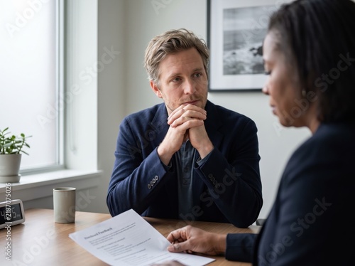 Generative AI, Man listening attentively during a performance feedback meeting