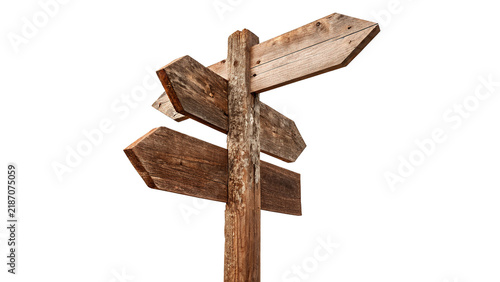 Rustic vintage wooden directional signpost pointer for paths and trails isolated on transparent background