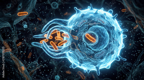 White blood cell engulfing bacteria, phagocytosis process, immune system concept, 3D medical render, blue and orange color scheme, dark background, no human