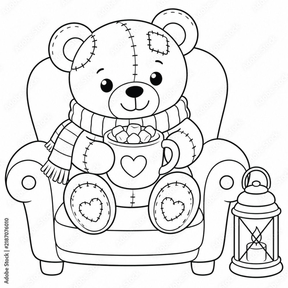 Obraz premium Cute little teddy bear sitting in an armchair holding a mug of hot cocoa with marshmallows, perfect for autumn and winter themed children's coloring books.