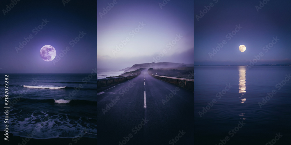 Obraz premium Triptych of a full moon over dark ocean waves and a lonely road at night with foggy sky