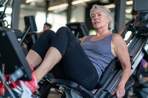 Senior woman exercising legs on leg press machine at gym