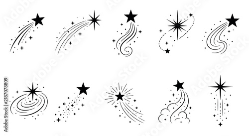Shooting star icons and celestial comet symbols in a minimalist black line art style featuring falling stars, sparkles, and astronomical trails for decorative design
