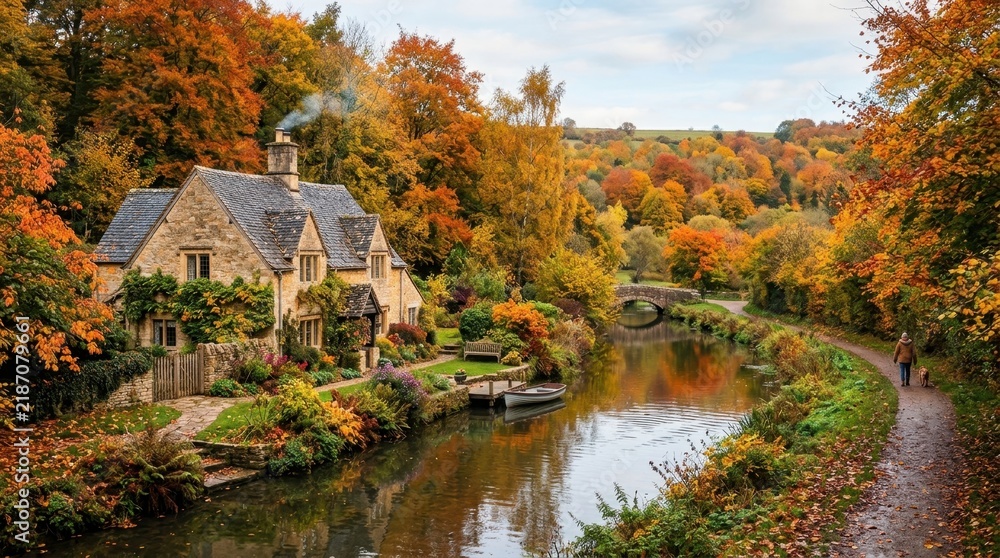 Obraz premium Charming stone cottage nestled beside a tranquil river in vibrant autumn foliage