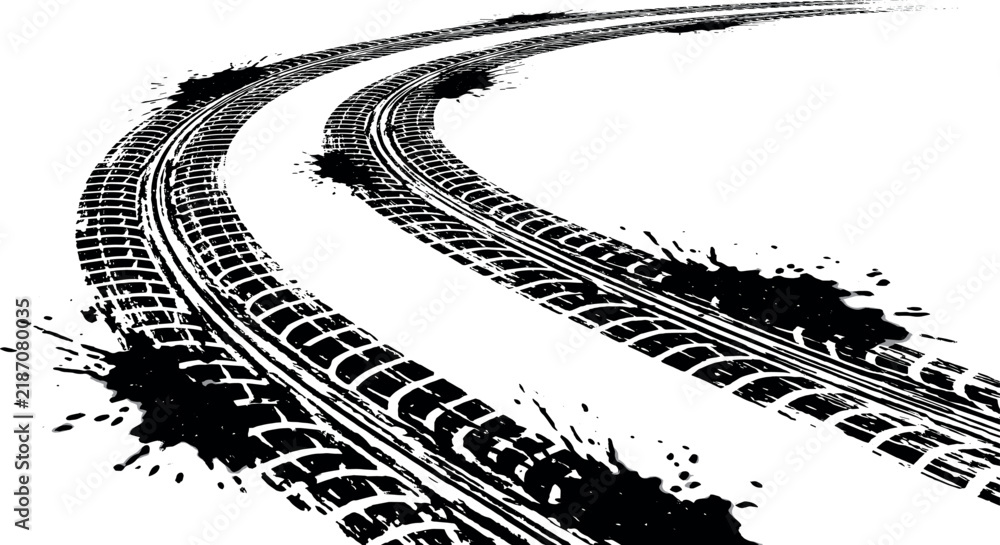 Obraz premium Black tire tracks with mud splatters curving across the surface representing speed, drifting, and automotive racing adventures