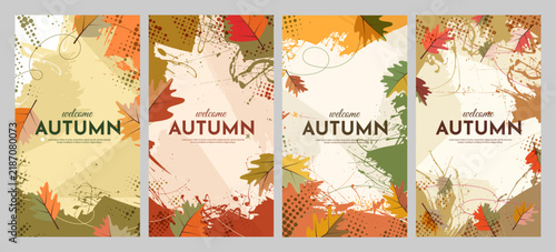 Editable vector illustration. Bright vertical background with brush strokes, grunge texture, oak leaves and hand drawn doodle elements for flyer, leaflet, voucher, coupon. Autumn seasonal style