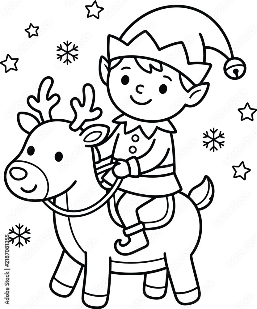 Fototapeta premium Elf riding a reindeer with antlers in a winter wonderland Vector