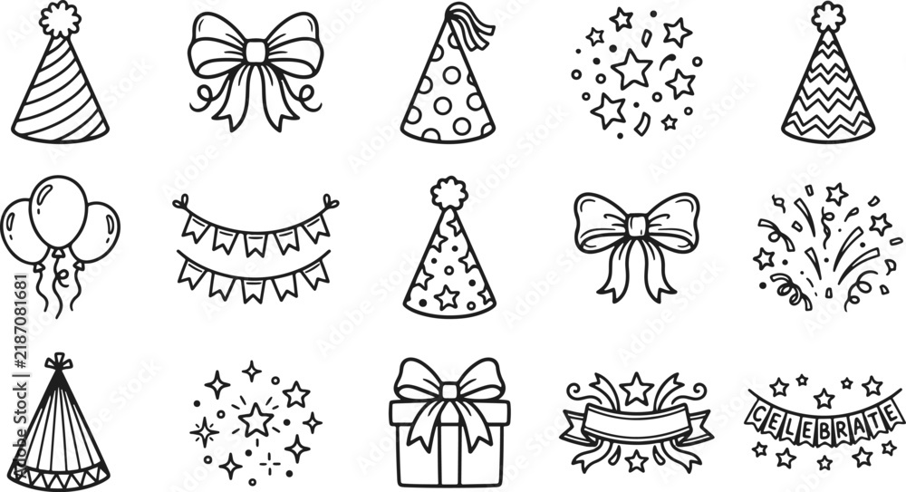 Fototapeta premium Set of hand drawn birthday party elements featuring hats balloons bows and festive decorations in a black ink silhouette