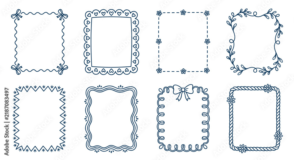 Obraz premium Hand drawn decorative doodle border frames set featuring cute hand-drawn elements like hearts, bows, flowers, leaves, and wavy lines for creative design projects