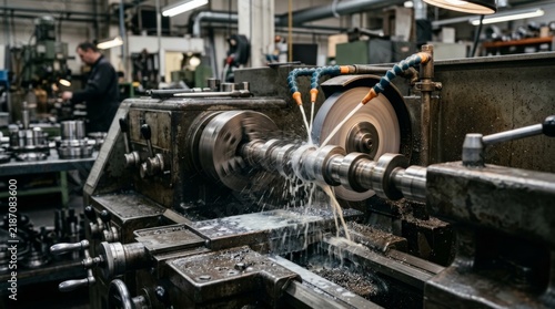 A close up shot of a camshaft being ground on an industrial lathe with a heavy flow of cnc machine coolant splashing onto the spinning metal piece in a machine shop