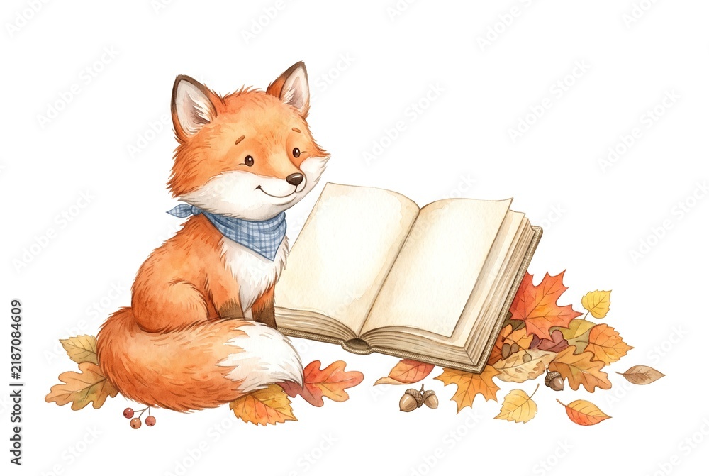 Obraz premium A fox with orange fur sits beside an open book on the ground. The surrounding area has various autumn leaves scattered around. This scene shows the essence of the autumn season