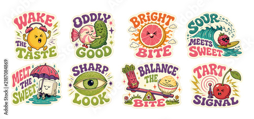 Retro cartoon food stickers with funny characters featuring a lemon, pickle, grapefruit, raspberry, sugar cube, lime, rhubarb, and cherry with playful typography slogans