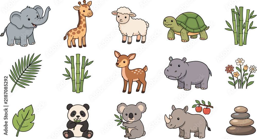 Obraz premium Cute Cartoon Wild Zoo Animals Clipart Set with Elephant Giraffe Panda Koala Hippo and Tropical Bamboo Elements for Children Educational Graphic Vector Designs