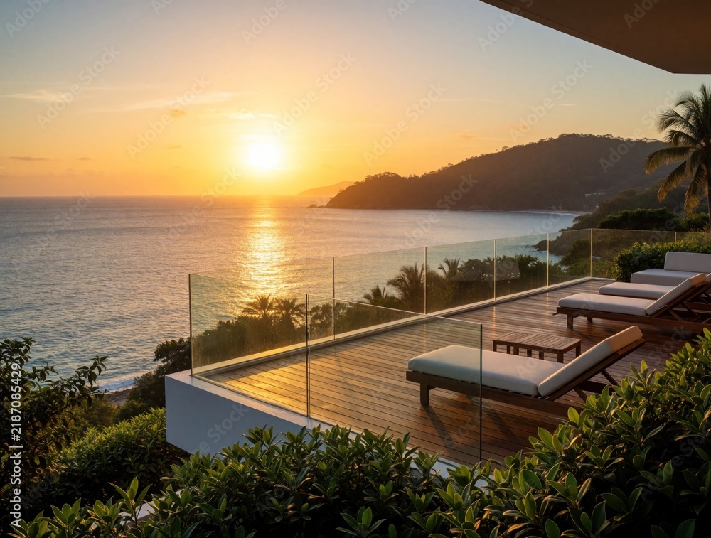 Fototapeta premium Luxury hotel balcony with sun loungers overlooking ocean at sunset. Tropical island coast, warm golden light on sea and hills. Idyllic vacation resort ambiance.