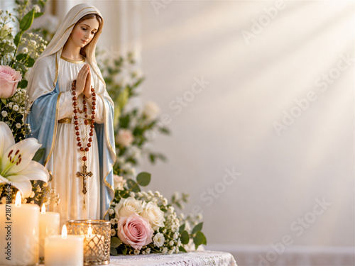 Statue of our lady with a rosary stands beside glowing candles roses lilies and dawn light creating a peaceful marian devotional scene centered on prayer faith grace comfort and spiritual reflection