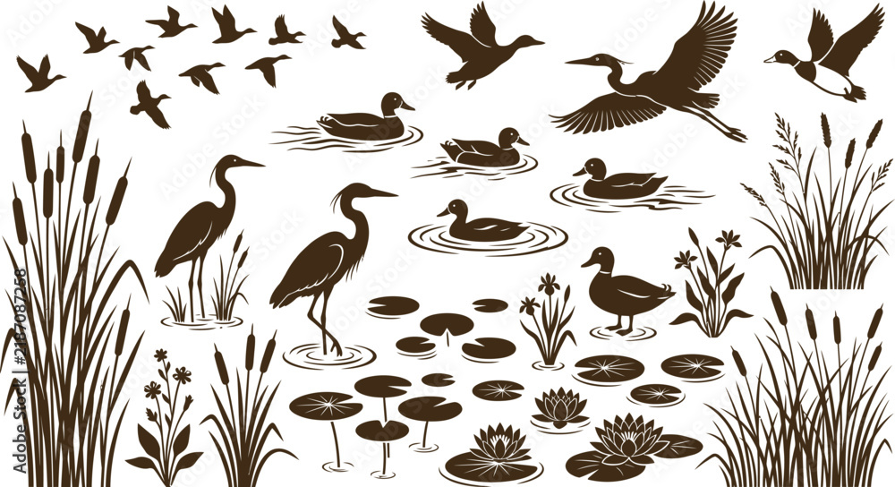 Obraz premium Elegant Wetland Birds and Wildlife Nature Illustration with Water Plants