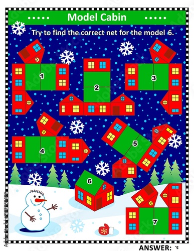 Visual puzzle (suitable both for kids and adults): Find correct net for model house 6. Answer included.
