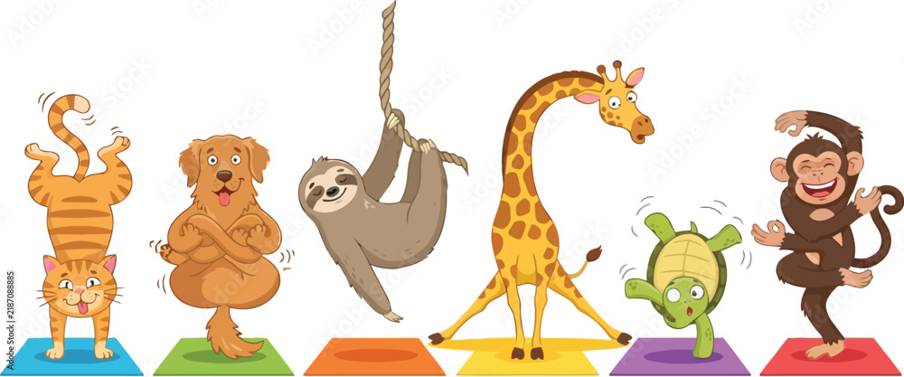 Obraz premium A collection of cute cartoon animals performing various yoga poses on colorful mats.